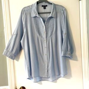 Bandolino blue crinkle cotton yoke detail button up convertible sleeve blouse XL